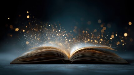 A book is open to a page with a lot of sparkles. The book is on a table and the sparkles are coming from the pages. Scene is whimsical and magical