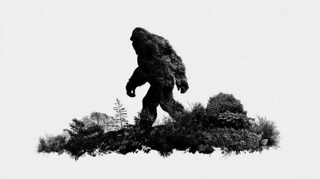 A large, black and white image of a giant monster walking through a forest. Scene is eerie and mysterious, as the monster is the only visible element in the scene