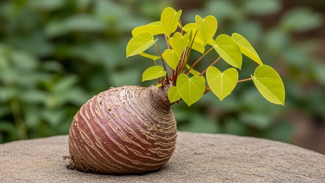 Mature stephania erecta caudiciform plant on natural stone, outdoor botanical portrait, premium plant photography for collectors and organic lifestyle branding