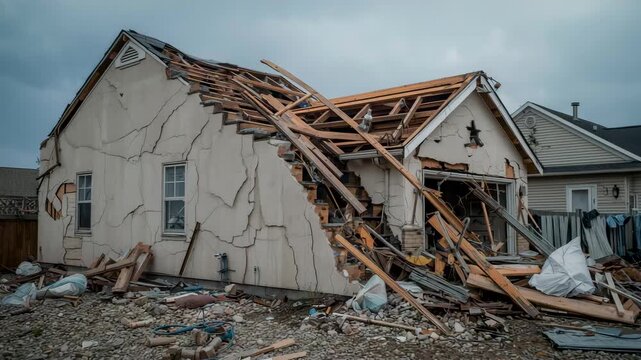Severely damaged suburban house with collapsed roof structure and debris scattered across front yard