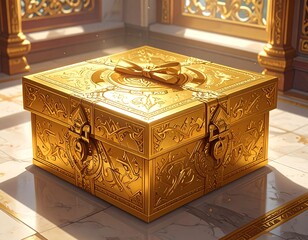 A large, square golden gift box with intricate carvings and a bow on top. The box is set on a marble floor in a grand room