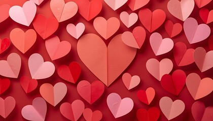 A vibrant collection of red and pink paper hearts for valentine's day