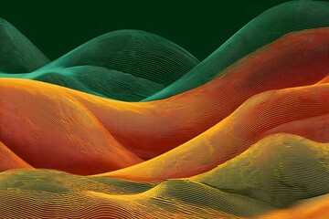 Colorful, undulating sand dune–like forms stretch across a surreal abstract landscape.