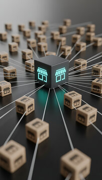 Connected retail network cube on dark grid background with glowing node and wooden store blocks conveying digital commerce and logistics efficiency, digital Business Network & Logistics