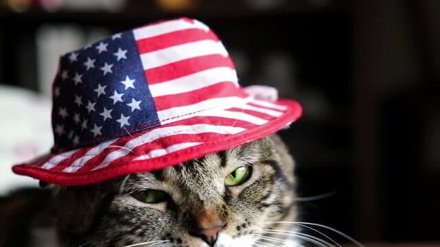 Cat with closed eyes wearing a hat decorated with the US flag motif