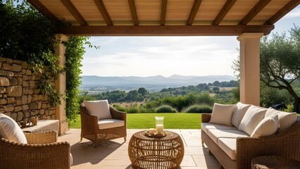 Luxurious outdoor patio with stunning panoramic views of a lush green valley and rolling hills under a bright sky.