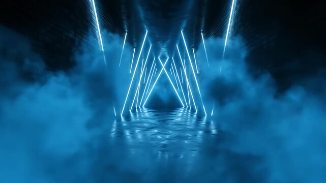 An immersive, futuristic journey through a dark, smoke-filled corridor illuminated by vibrant blue neon lights. Dynamic geometric patterns form a converging tunnel effect, creating a sense of speed, m