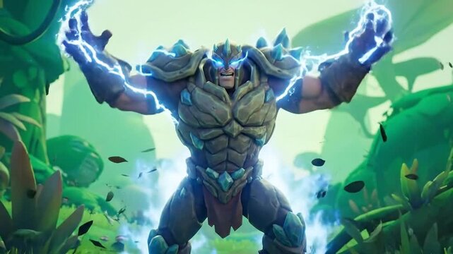 Powerful Stone Golem Warrior Unleashing Electric Lightning Storm in Lush Jungle
