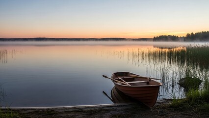 Serene Lake Sunrise with Rowboat - A Peaceful Morning Scene.