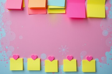 Sticky notes on a bright pink background are neatly arranged, leaving plenty of space in the center for writing.