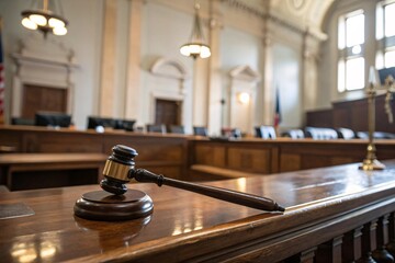Obraz premium A judge’s gavel resting on wooden desk inside courthouse interior