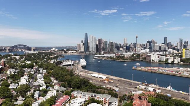 Darling harbour City of Sydney harbour waterfront in aerial view from Inner West Balmain suburb.