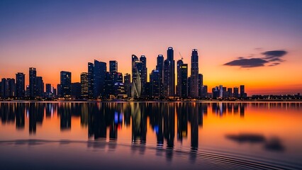 Singapore skyline at dusk reflecting in the water.