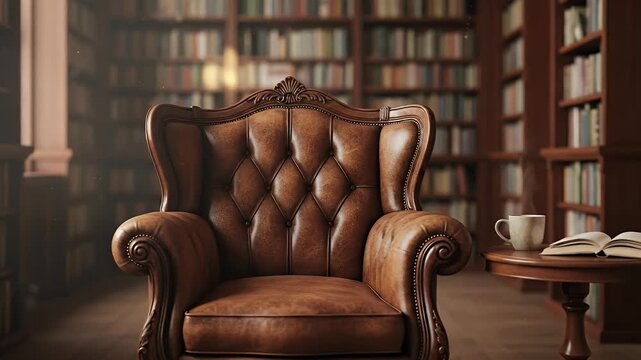 An inviting, empty vintage leather armchair stands prominently in a grand, atmospheric library. Rich wooden bookshelves filled with countless books extend into the warm, softly lit background, creatin