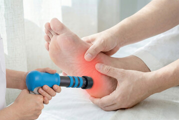 Shockwave therapy treatment on foot sole for plantar fasciitis pain relief during physiotherapy session, healthcare and rehabilitation concept for medical advertising
