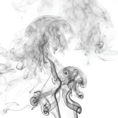 Wispy grey smoke swirls and curls against a white background