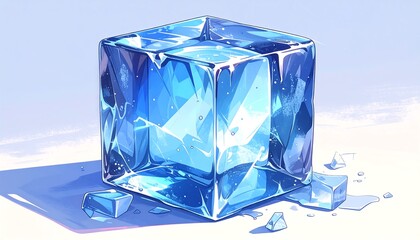 A large, translucent blue ice cube sits on a white surface, cracked and fragmented. A shadow suggests light from above