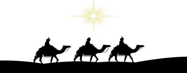 Silhouette Three Kings on Camels with Bethlehem Star &ndash; Nativity Epiphany Desert Scene Vector
