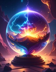 A large, transparent orb displays an electrifying landscape within, atop a decorated base under a starry sky. Mountains and lightning create a surreal vision
