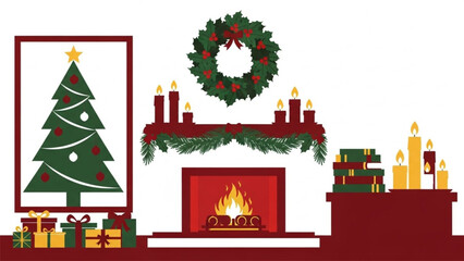Festive colored vector art with candles books fireplace logs framed christmas tree gifts garland wreath and holiday ornaments in minimalist silhouette style