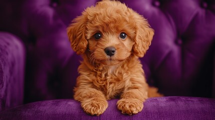 Small dog with a big eyes sits on the couch.