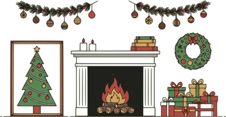 Festive colored vector art with candles books fireplace logs framed christmas tree gifts garland wreath and holiday ornaments in minimalist silhouette style