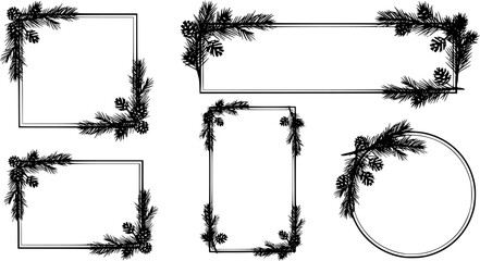 Black silhouette Christmas frame set with pine branch decoration vector illustration for holiday design and winter greeting cards