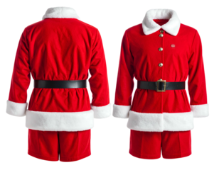 Red velvet festive suit with white trim, front & back views