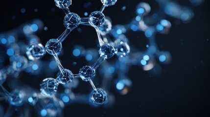 Abstract 3D molecular structure with blue crystal spheres and glowing connections on dark background