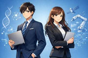 先端技術を扱う若い男女ビジネスパーソンのイラスト。AI・DX・研究開発・理系人材採用イメージ
