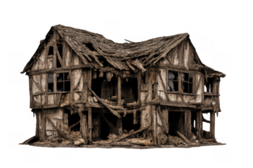 Dilapidated medieval wooden house exterior showing decay, ruin, and abandonment, featuring a transparent background