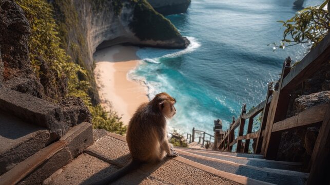 A monkey is sitting on a set of stairs overlooking a beach. The scene is peaceful and serene, with the ocean in the background