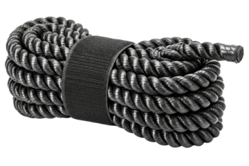 Heavy black gym rope coiled for strength training and workout use on a transparent background