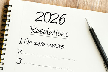 Handwritten 2026 Resolutions list in a spiral notebook with Go zero-waste as the first goal and a black pen.