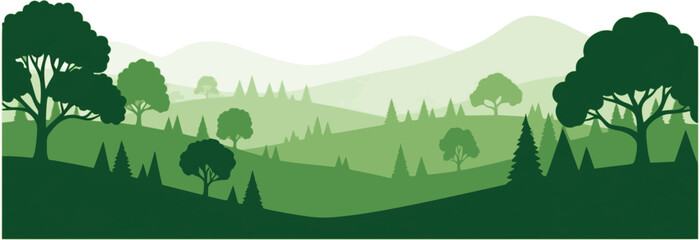 Vector panoramic landscape with green silhouettes of trees and hills