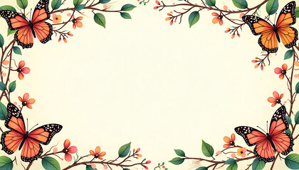 Floral border with pink flowers and butterflies, light background, symmetrical floral corners, decorative frame 4K, HD