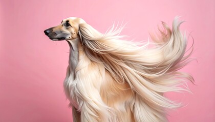Naklejka premium A majestic Afghan Hound with flowing cream-colored hair, set against a soft pink backdrop, captures grace and elegance