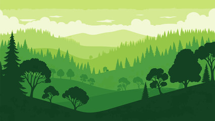 Vector panoramic landscape with green silhouettes of trees and hills