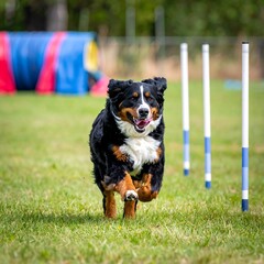 A large, tri-colored canine bounds energetically toward the camera on a grassy field, mouth open. Agility poles and a colorful tunnel are visible in the background