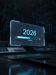 New 2026 year progress bar on digital lcd display with reflection. Concept of new year, annual plan, growth strategy, business planning, investment trends and strategy road map, Business & Future Tech