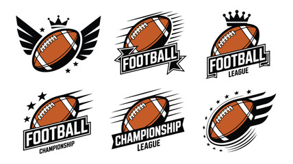 A collection of six distinct American football sports emblems with crowns, wings, and stars