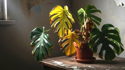 Monstera Houseplant with Yellow Wilting Leaves in Dim Room
