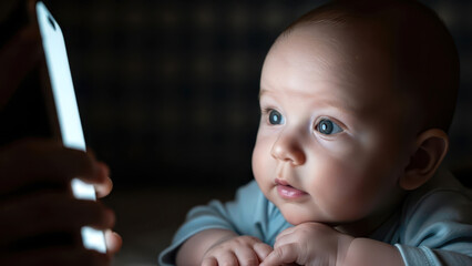 Infant Looking at Glowing Smartphone Screen in Dark Room at Night