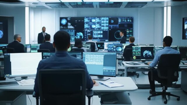 Interior of a modern, bright control room with multiple workstations and screens
