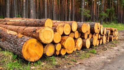 A large collection of recently cut logs rests on the ground. The round ends exhibit growth rings, emphasizing their source. A forest background