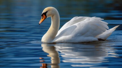 Fototapeta premium A swan swims smoothly across the water creating gentle ripples. The sun shines brightly illuminating the scene and reflecting on the surface. Natural surroundings provide a calming backdrop.