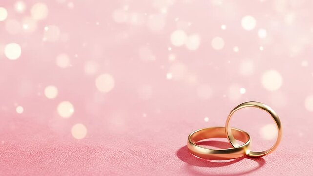 This beautiful video showcases two elegant golden rings resting gently on a soft pink, subtly textured surface. The background features a dreamy bokeh effect with shimmering, sparkling lights, creatin
