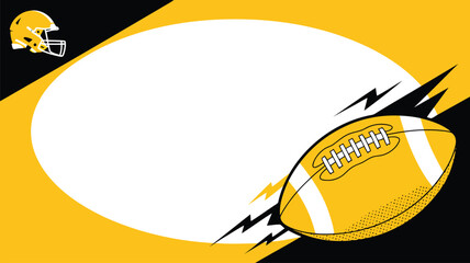 A striking football frame design with a white oval, a yellow helmet, and a ball with lightning bolts