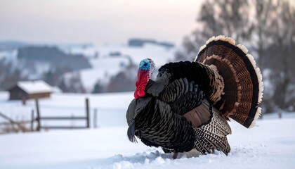 A large, colorful bird displays its plumage in a snowy, rural setting with a small wooden structure in the distance