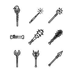 A collection of fantasy and medieval weapon and magic staff icons in line art style.